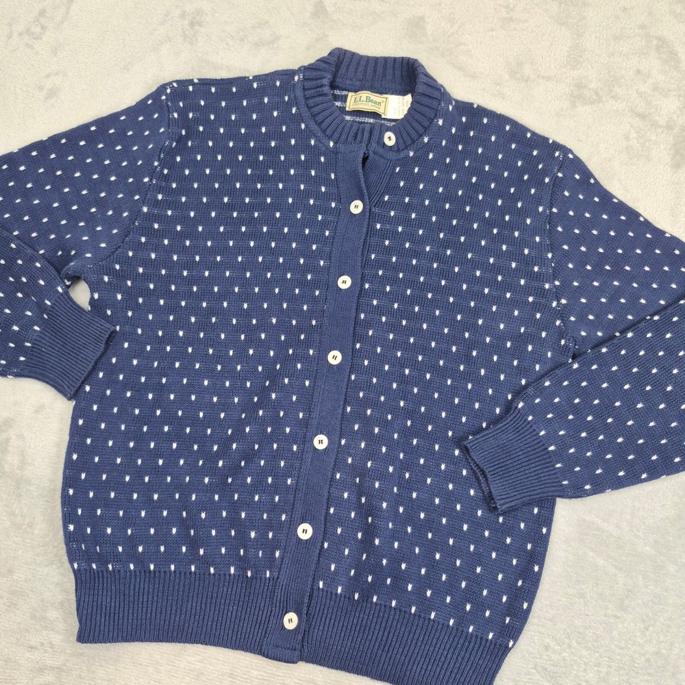 LL Bean Vintage Birdseye Cardigan Sweater Navy Blue White 100% Cotton Womens XL